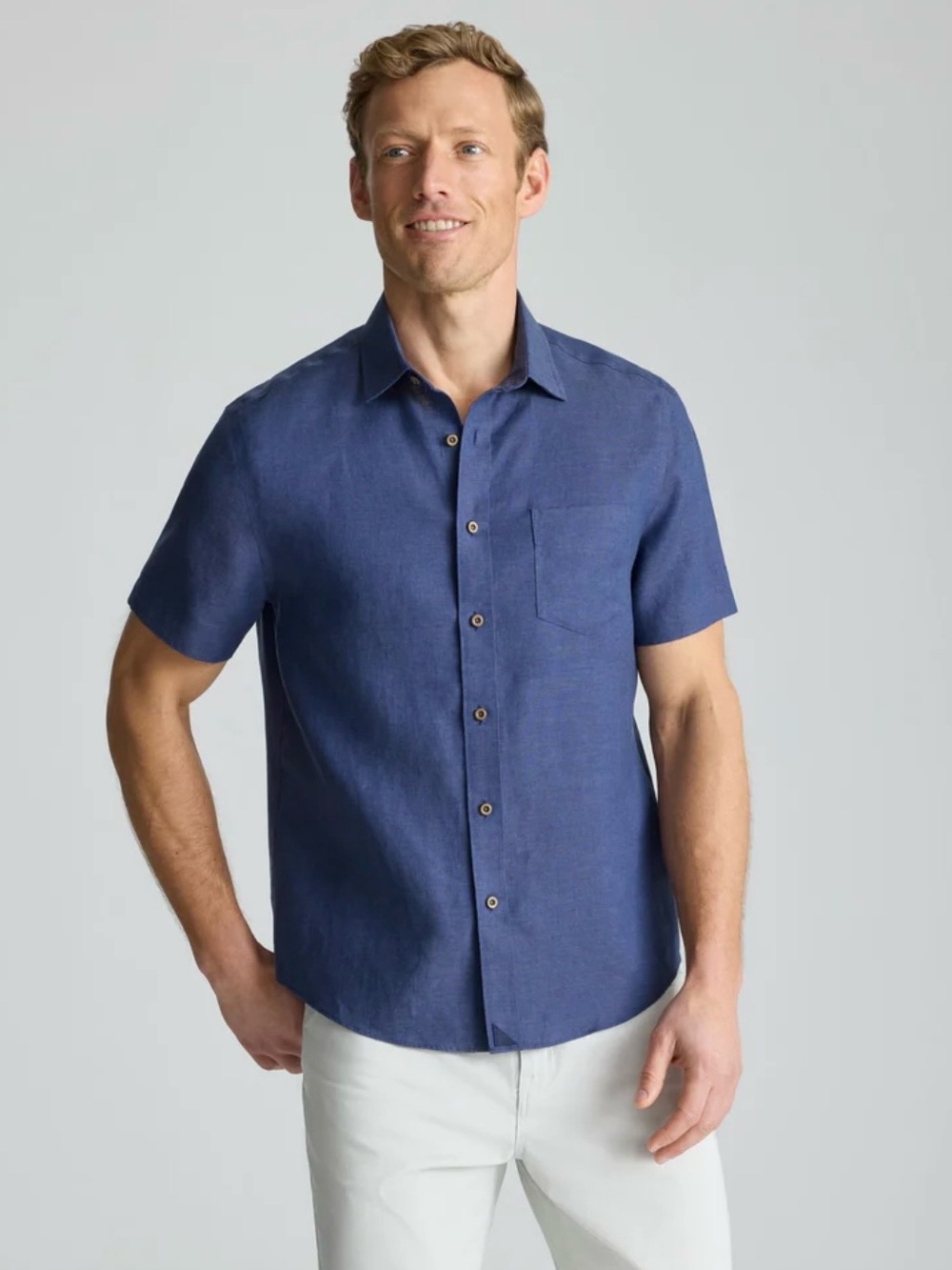 UNTUCKit Cameron Linen Shirt Large Navy Blue Short Sleeve Button Up